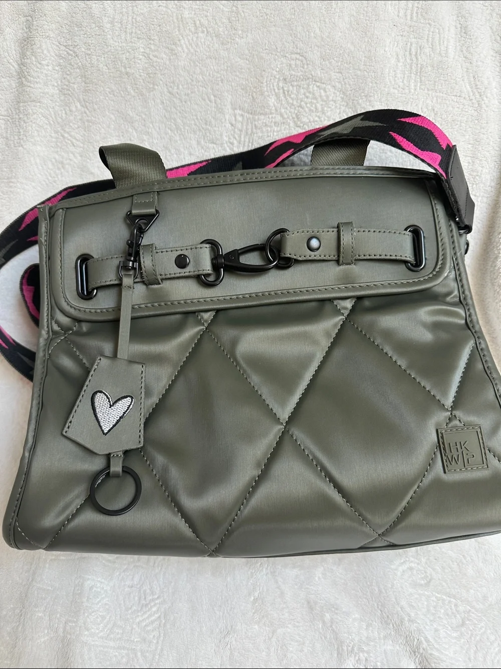 Olive Green Quilted Shoulder Bag with Pink Accent Strap
